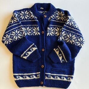 100% Wool Hand Knit Sweater Cardigan | Made in Nepal | Nordic Fair Isle | L/XL